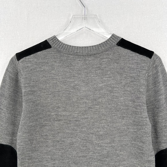 MINNIE ROSE Sweater Women S Gray Merino V-neck Long Sleeve Leather Elbow Patch - Picture 4 of 12